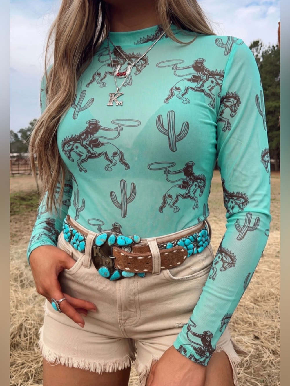 Turquoise Western Print Long Sleeve mesh top
